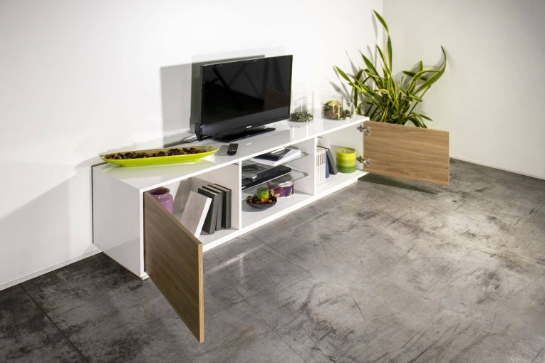 Mobile TV bianco lucido e noce 180x41x46h cm 2 ante - Lola