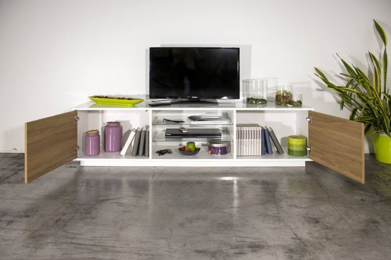 Mobile TV bianco lucido e noce 180x41x46h cm 2 ante - Lola
