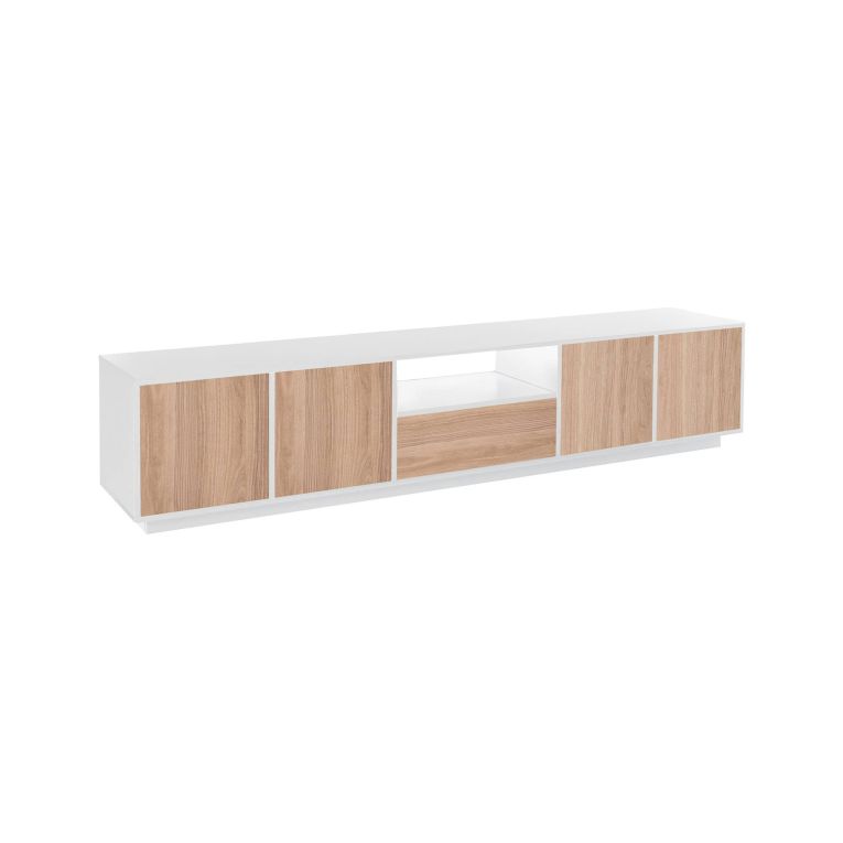 Mobile TV bianco lucido e noce 220x41x46h cm 4 ante e 1 cassetto - Ajuly