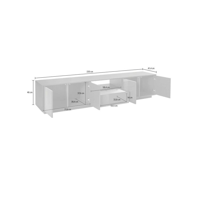 Mobile TV bianco lucido e noce 220x41x46h cm 4 ante e 1 cassetto - Ajuly