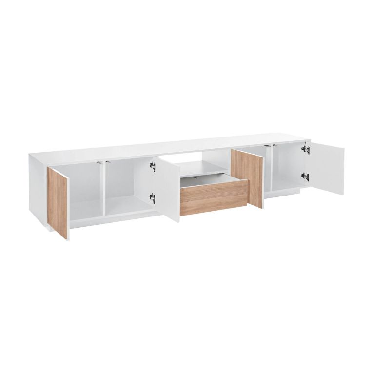 Mobile TV bianco lucido e noce 220x41x46h cm 4 ante e 1 cassetto - Ajuly