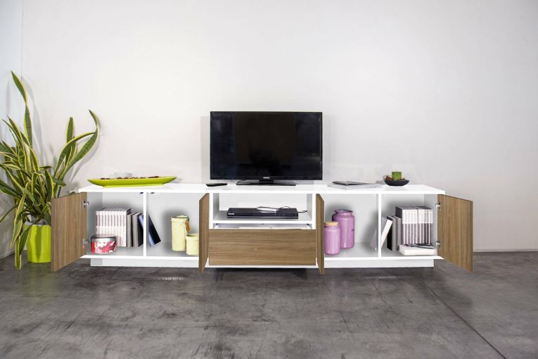 Mobile TV bianco lucido e noce 220x41x46h cm 4 ante e 1 cassetto - Ajuly