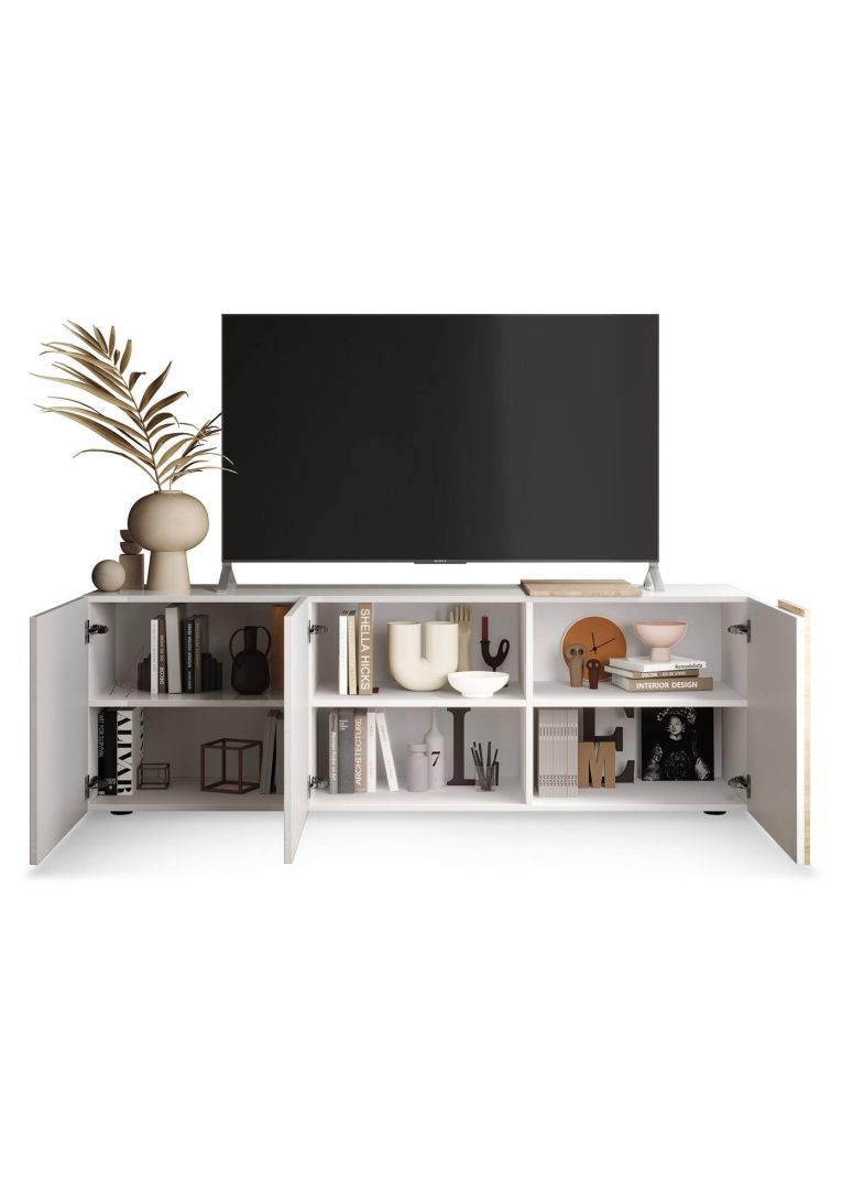 Mobile TV bianco lucido e rovere 181x44x59h cm 3 ante - Sidr