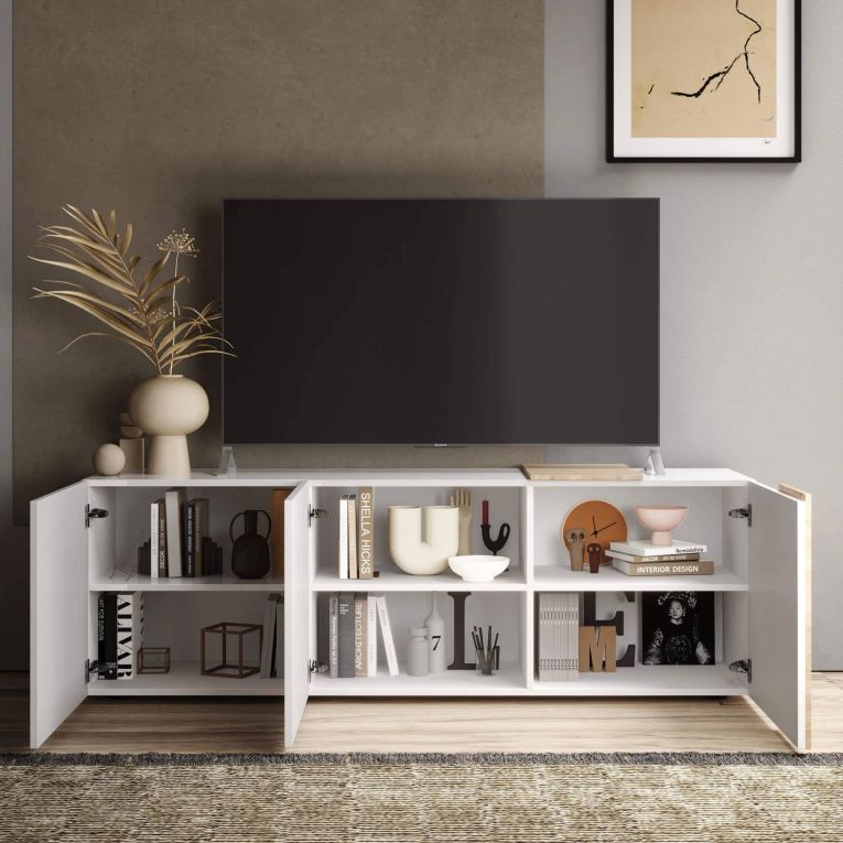 Mobile TV bianco lucido e rovere 181x44x59h cm 3 ante - Sidr