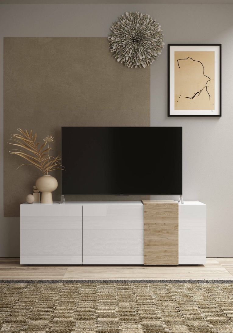 Mobile TV bianco lucido e rovere 181x44x59h cm 3 ante - Sidr