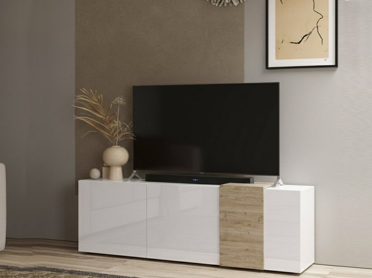 Mobile TV bianco lucido e rovere 181x44x59h cm 3 ante - Sidr