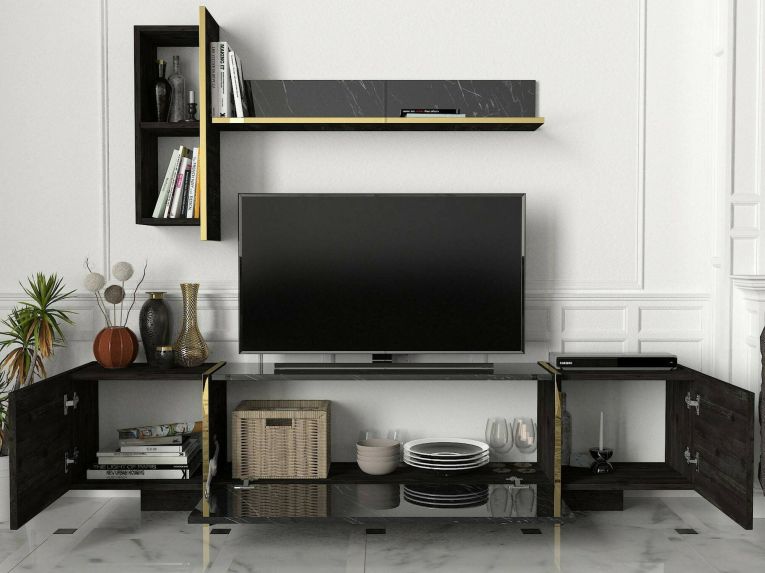 Mobile TV nero e oro 180x32x45h cm 3 ante - Beinasco