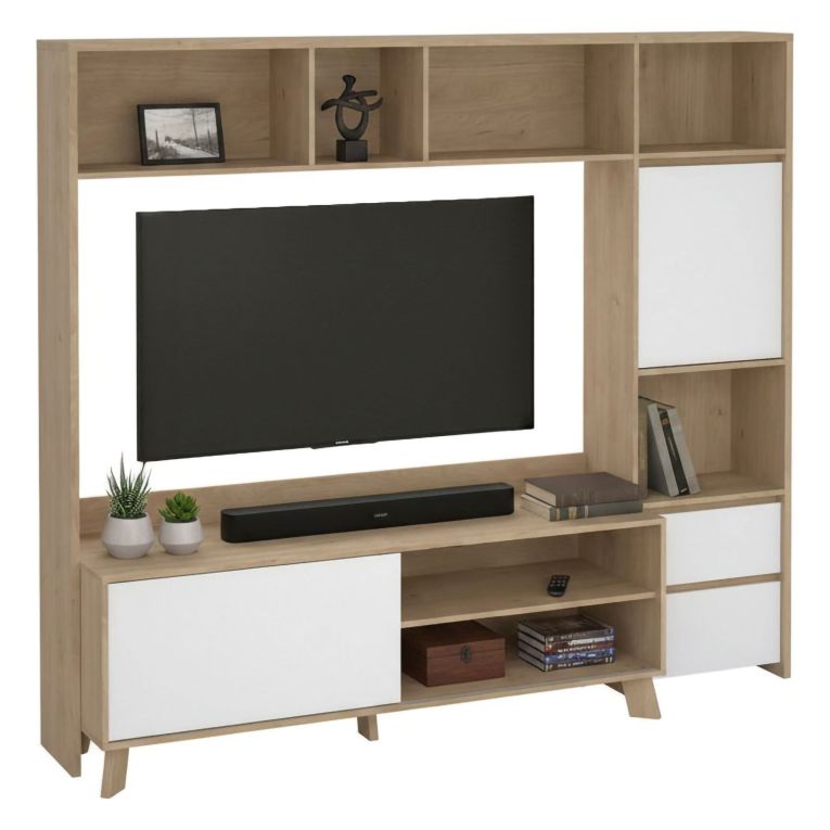 Mobile TV rovere e bianco lucido 208x48x182h cm 2 ante e 2 cassetti - Calabria