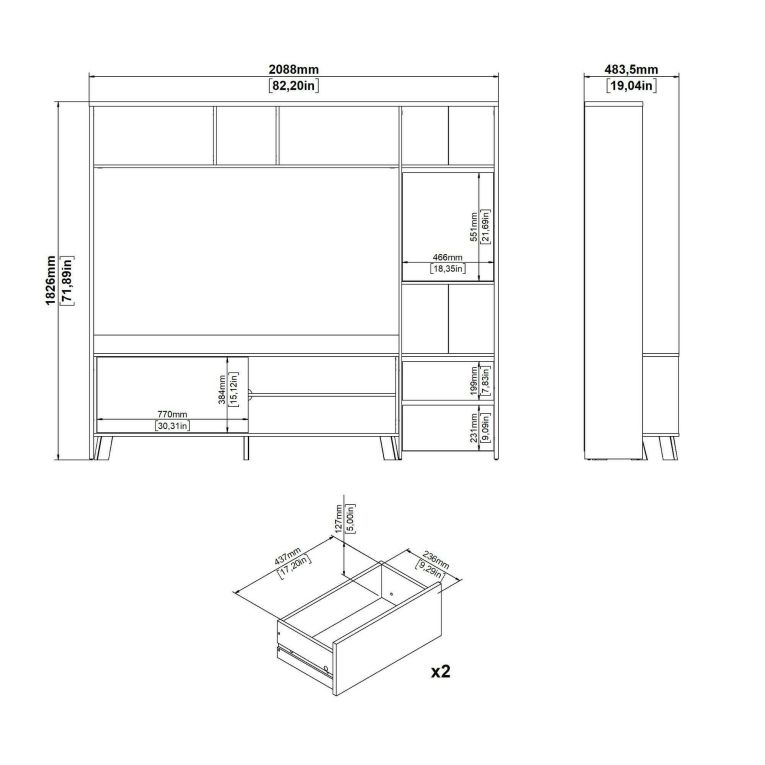 Mobile TV rovere e bianco lucido 208x48x182h cm 2 ante e 2 cassetti - Calabria