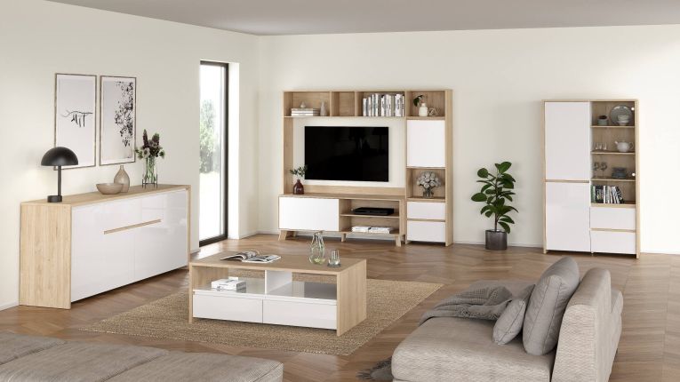 Mobile TV rovere e bianco lucido 208x48x182h cm 2 ante e 2 cassetti - Calabria