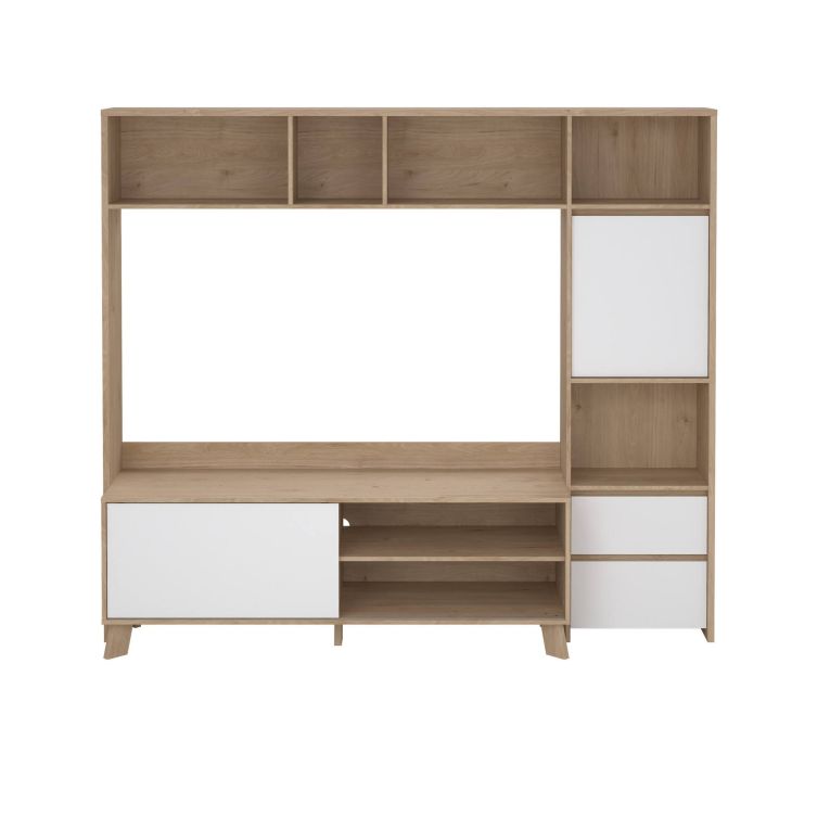 Mobile TV rovere e bianco lucido 208x48x182h cm 2 ante e 2 cassetti - Calabria
