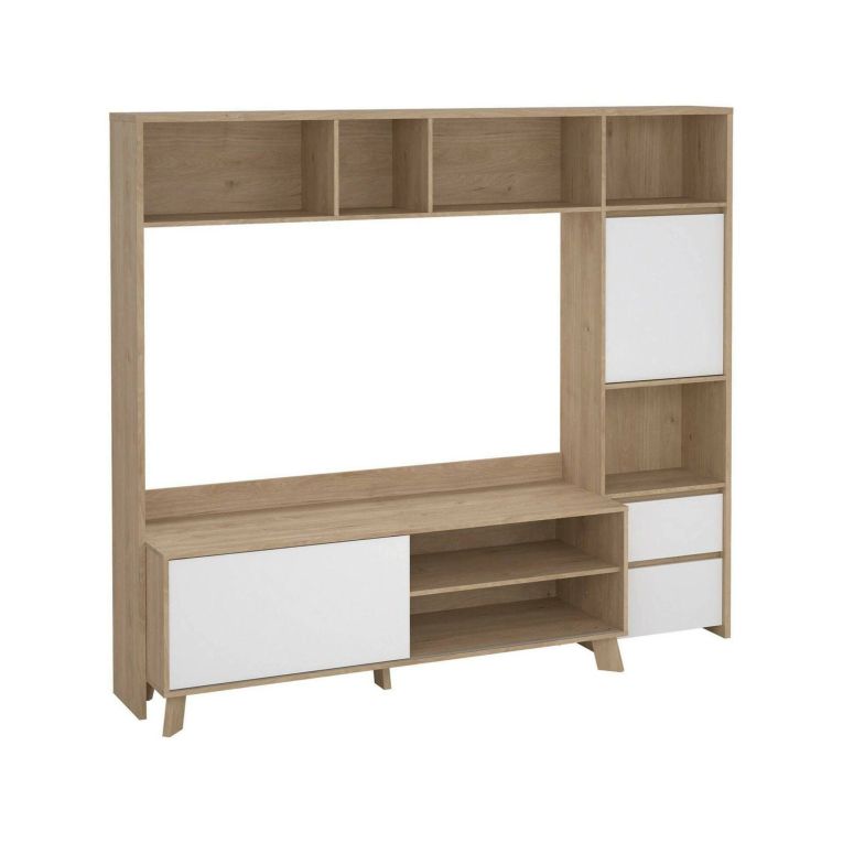 Mobile TV rovere e bianco lucido 208x48x182h cm 2 ante e 2 cassetti - Calabria