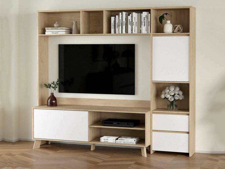 Mobile TV rovere e bianco lucido 208x48x182h cm 2 ante e 2 cassetti - Calabria