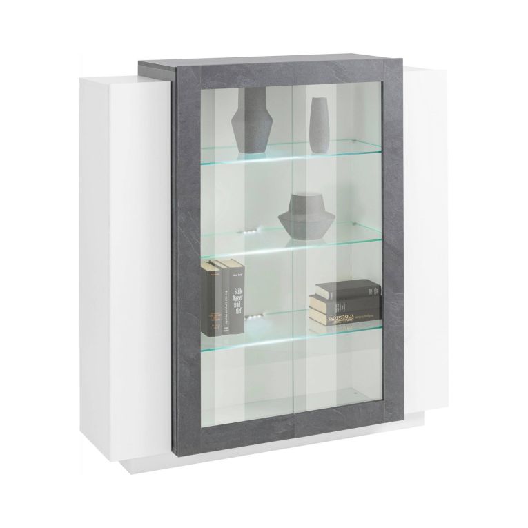 Mobile vetrina 2 ante 120x45x115h cm bianco lucido e ardesia - Austino