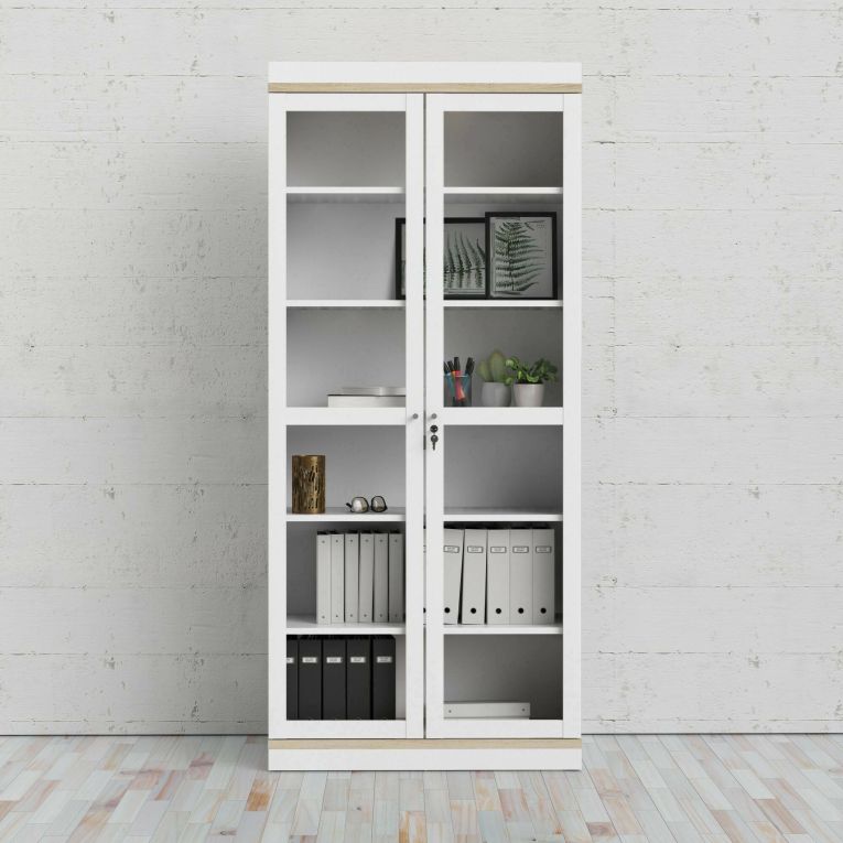 Mobile vetrina 2 ante 88x36x200h cm bianco e quercia - Axinte