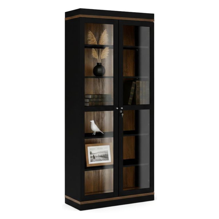 Mobile vetrina 2 ante 88x36x200h cm nero e noce - Axinte