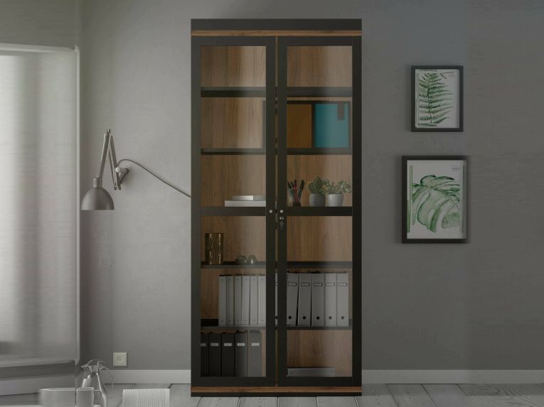 Mobile vetrina 2 ante 88x36x200h cm nero e noce - Axinte