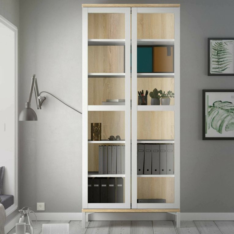 Mobile vetrina 2 ante 88x36x202h cm bianco e quercia - Hudhud
