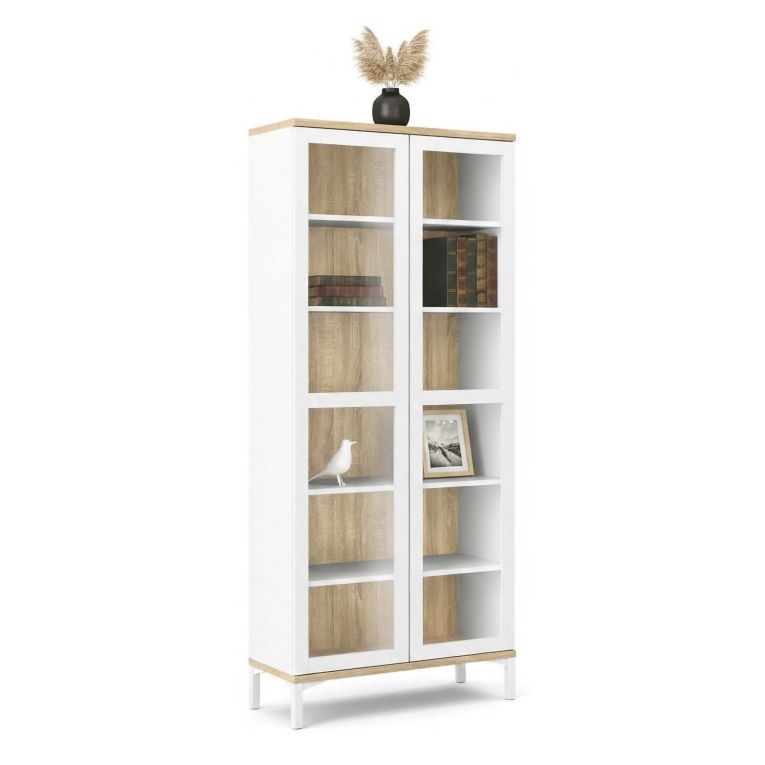 Mobile vetrina 2 ante 88x36x202h cm bianco e quercia - Hudhud