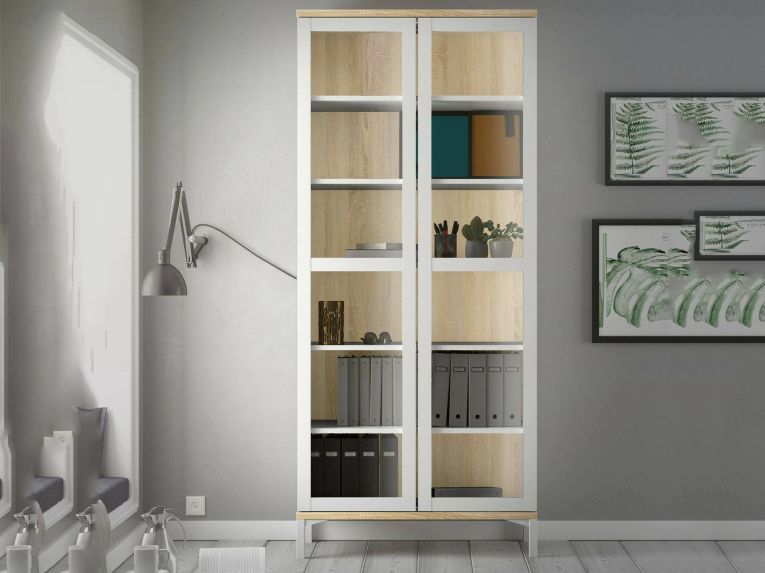 Mobile vetrina 2 ante 88x36x202h cm bianco e quercia - Hudhud