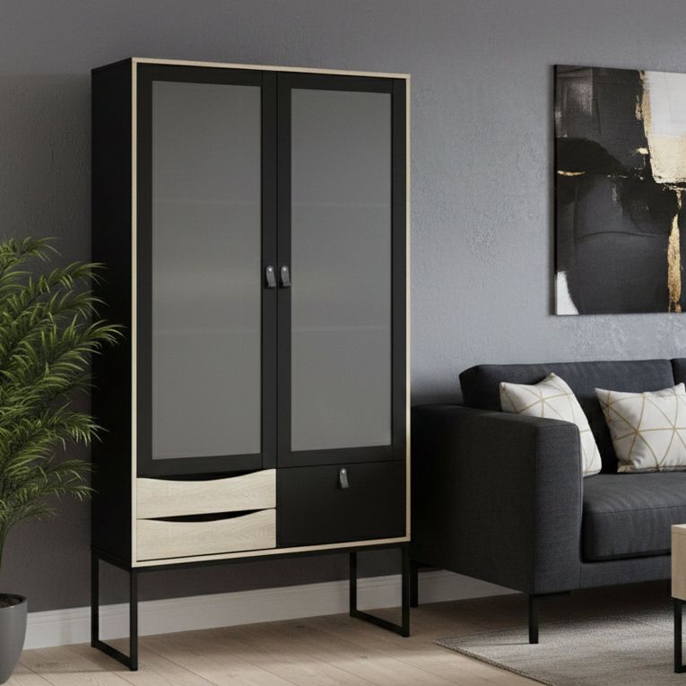 Mobile vetrina industrial 2 ante 98x40x189h cm nero e quercia - Barbata