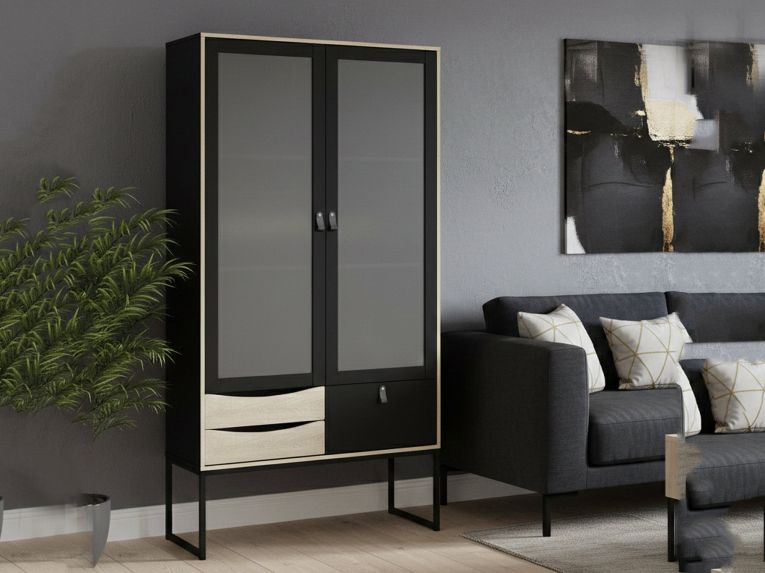 Mobile vetrina industrial 2 ante 98x40x189h cm nero e quercia - Barbata