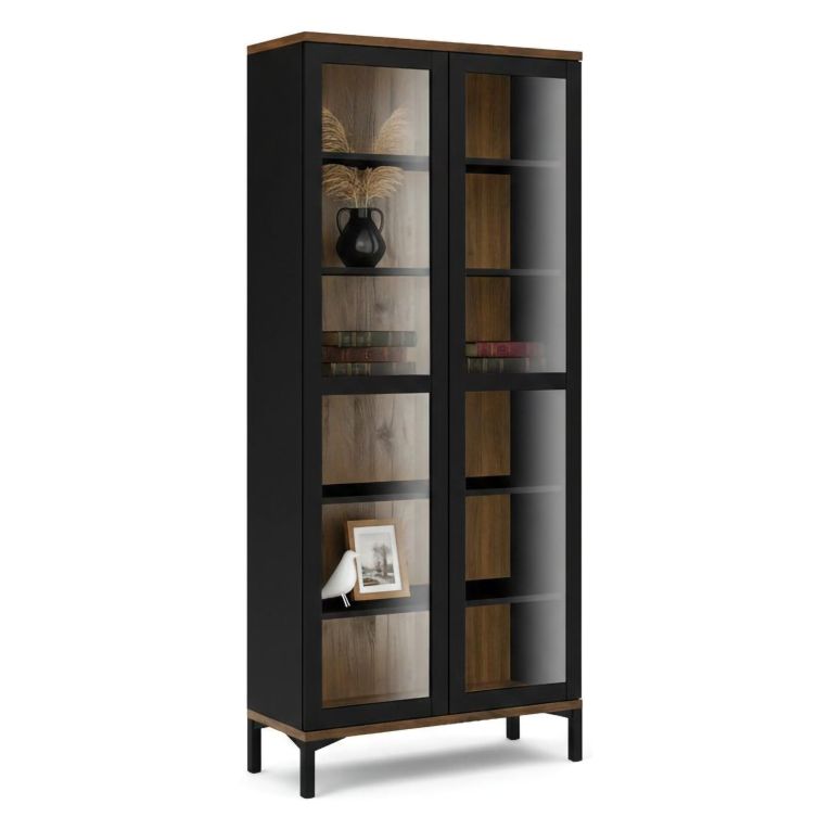 Mobile vetrina per studio 2 ante 88x36x202h cm nero e noce - Hudhud