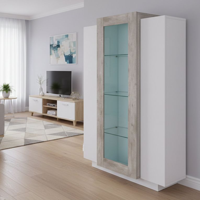 Mobile vetrina salotto 3 ante 80x38x121h cm bianco lucido e cemento - Ablaze