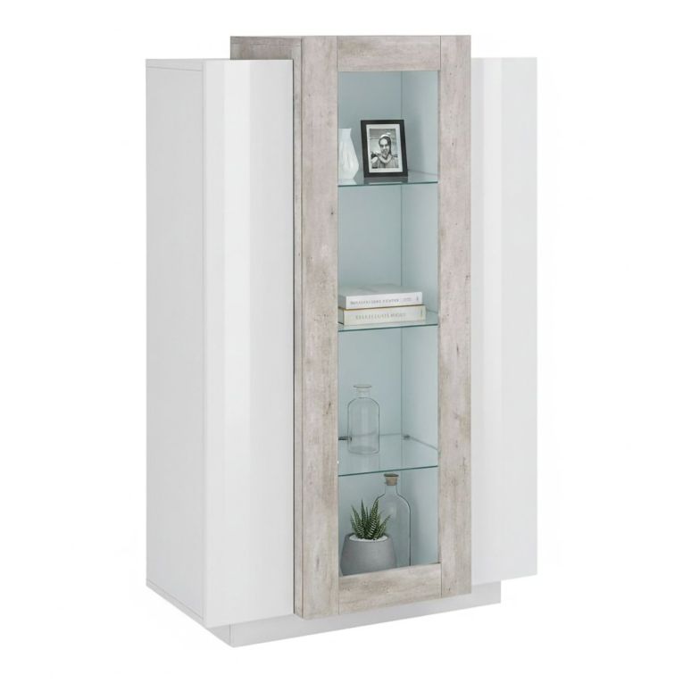 Mobile vetrina salotto 3 ante 80x38x121h cm bianco lucido e cemento - Ablaze
