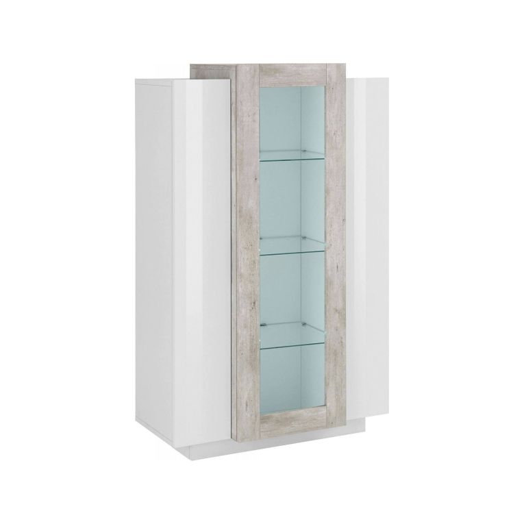 Mobile vetrina salotto 3 ante 80x38x121h cm bianco lucido e cemento - Ablaze
