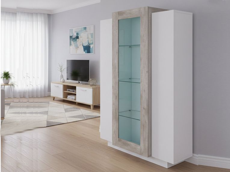Mobile vetrina salotto 3 ante 80x38x121h cm bianco lucido e cemento - Ablaze