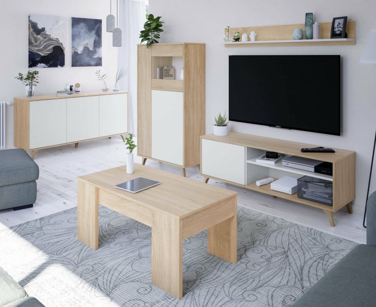 Mobile vetrina soggiorno 3 ante 77x33x142h cm rovere e bianco - Altavista