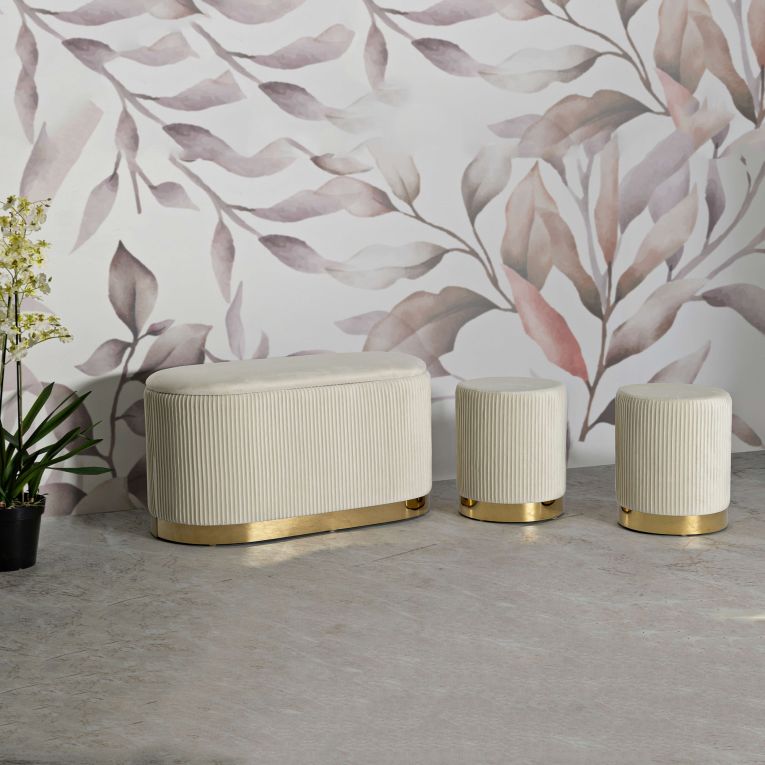 Panca Bianco Crema oro con due Sgabelli, Panca Contenitore Materiale Struttura in Metallo 80x37x42h cm, Colore Seduta Bianco - Soroti