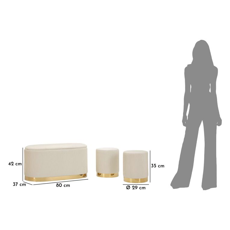 Panca Bianco Crema oro con due Sgabelli, Panca Contenitore Materiale Struttura in Metallo 80x37x42h cm, Colore Seduta Bianco - Soroti
