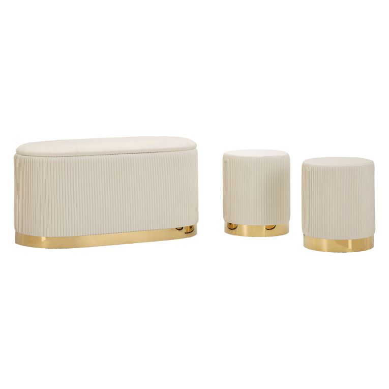 Panca Bianco Crema oro con due Sgabelli, Panca Contenitore Materiale Struttura in Metallo 80x37x42h cm, Colore Seduta Bianco - Soroti