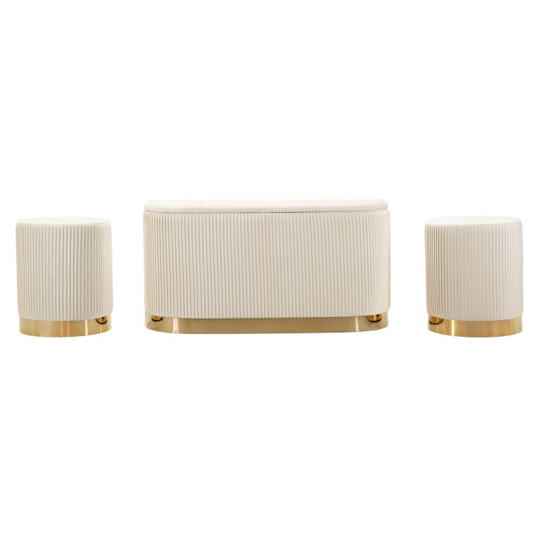 Panca Bianco Crema oro con due Sgabelli, Panca Contenitore Materiale Struttura in Metallo 80x37x42h cm, Colore Seduta Bianco - Soroti