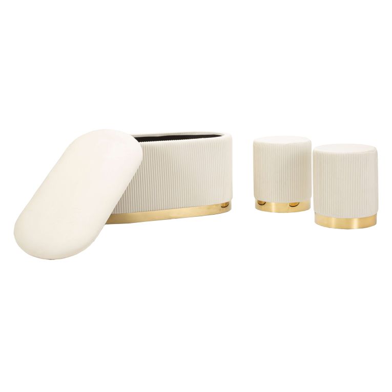 Panca Bianco Crema oro con due Sgabelli, Panca Contenitore Materiale Struttura in Metallo 80x37x42h cm, Colore Seduta Bianco - Soroti