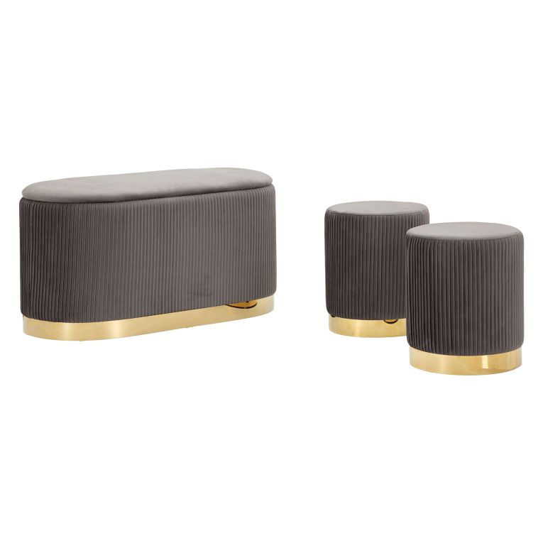 Panca Grigio Scuro oro con due Sgabelli, Panca Contenitore Materiale Struttura in Metallo 80x37x42h cm, Colore Seduta Grigio - Soroti