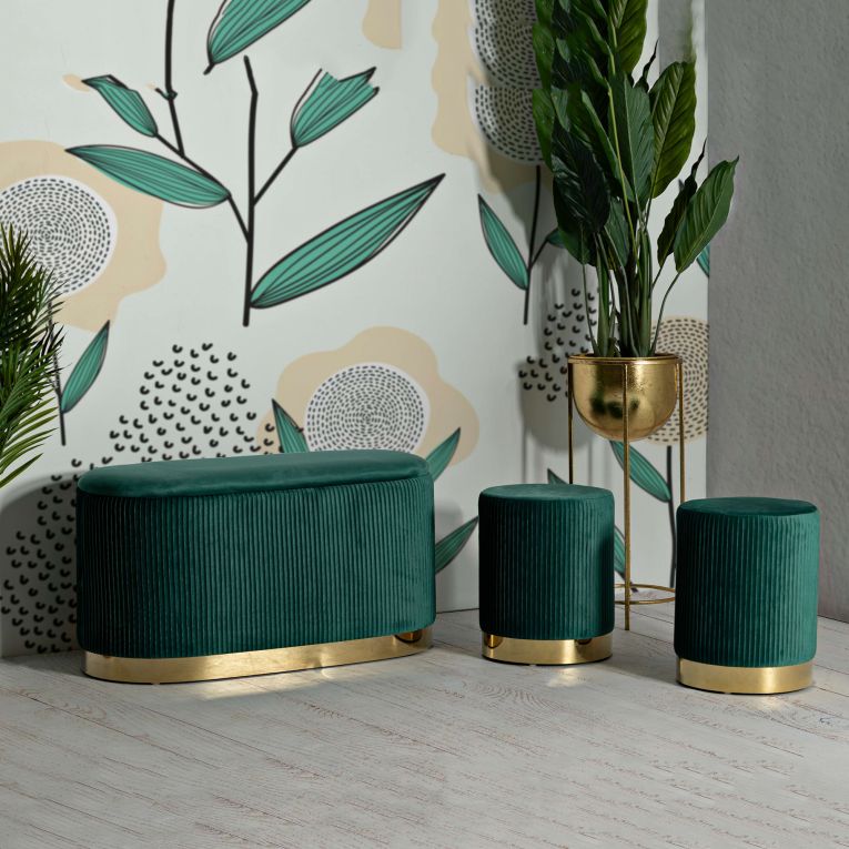 Panca Verde oro con due Sgabelli, Panca Contenitore Materiale Struttura in Metallo 80x37x42h cm, Colore Seduta Verde - Soroti