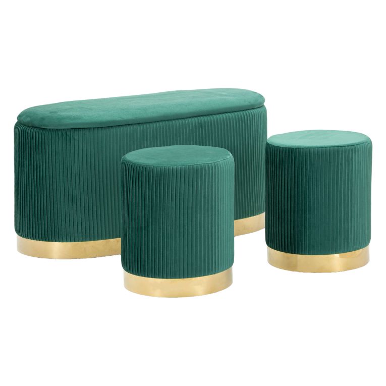 Panca Verde oro con due Sgabelli, Panca Contenitore Materiale Struttura in Metallo 80x37x42h cm, Colore Seduta Verde - Soroti