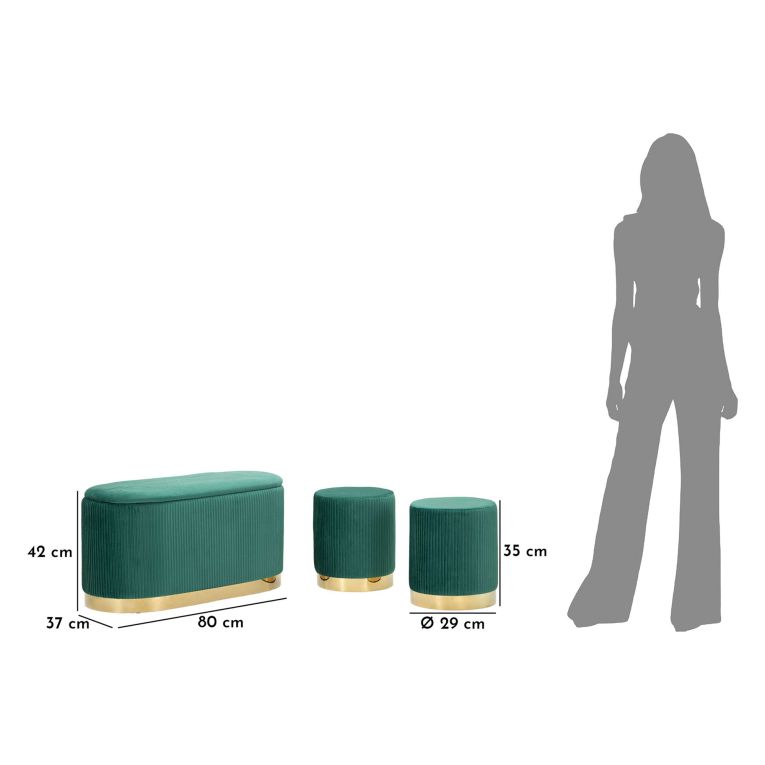 Panca Verde oro con due Sgabelli, Panca Contenitore Materiale Struttura in Metallo 80x37x42h cm, Colore Seduta Verde - Soroti