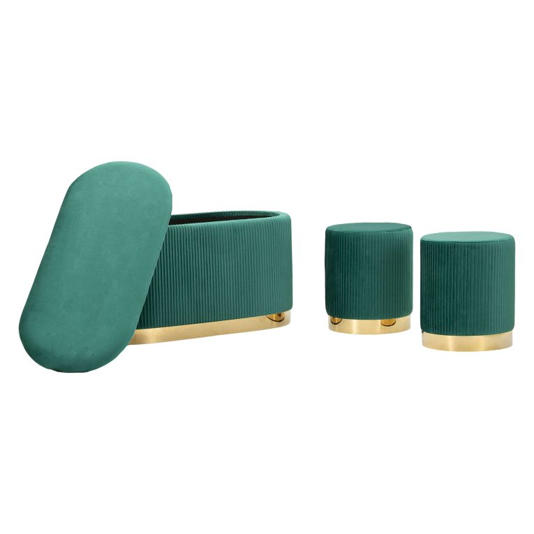 Panca Verde oro con due Sgabelli, Panca Contenitore Materiale Struttura in Metallo 80x37x42h cm, Colore Seduta Verde - Soroti