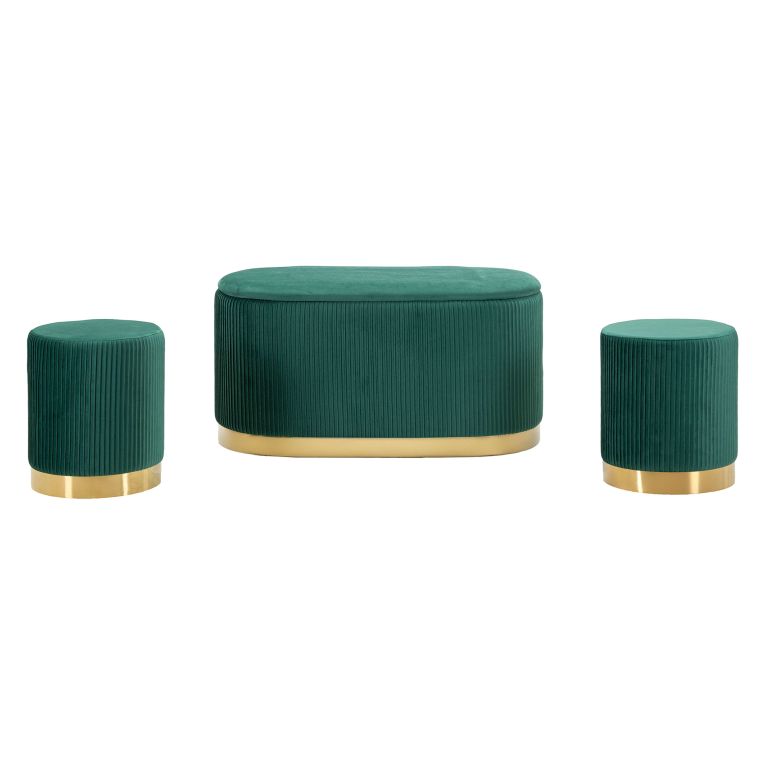 Panca Verde oro con due Sgabelli, Panca Contenitore Materiale Struttura in Metallo 80x37x42h cm, Colore Seduta Verde - Soroti