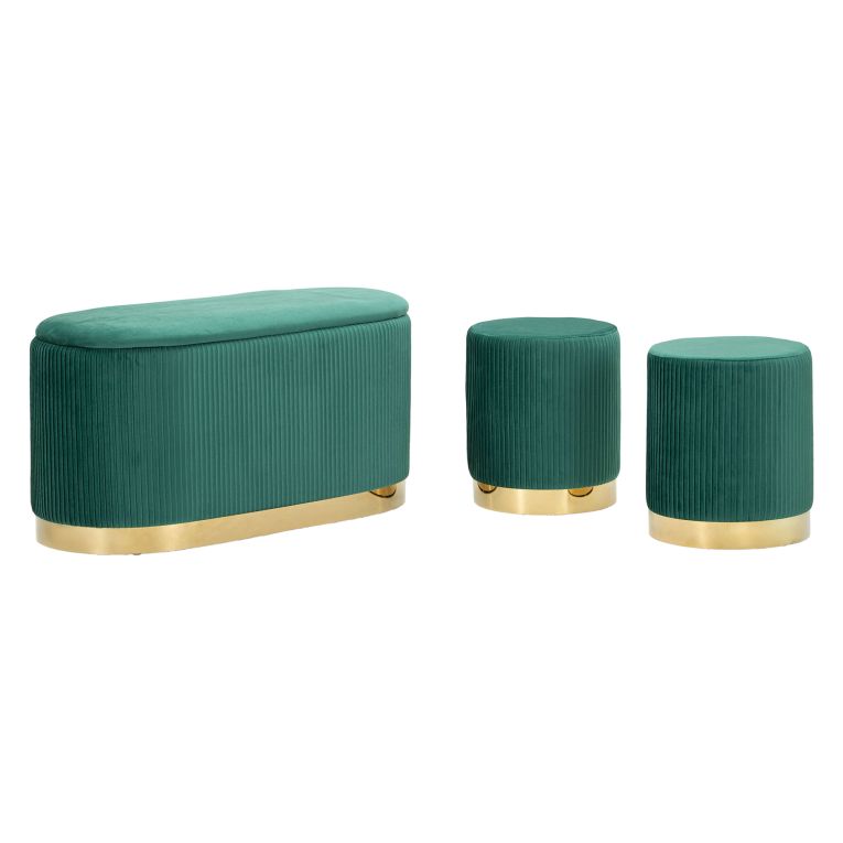 Panca Verde oro con due Sgabelli, Panca Contenitore Materiale Struttura in Metallo 80x37x42h cm, Colore Seduta Verde - Soroti