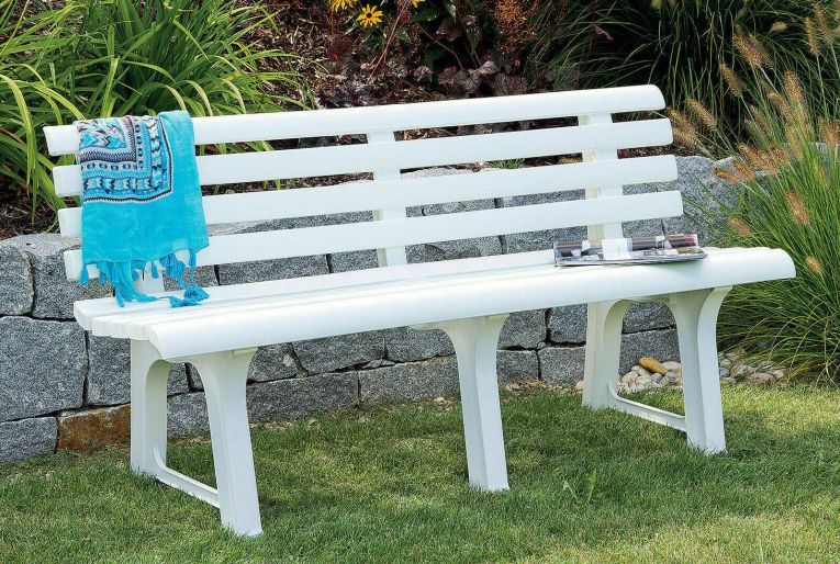 Panchina da esterno Pomezia, Panca monoblocco da giardino, Panchina outdoor, 100% Made in Italy, 145x49h74 cm, Bianco