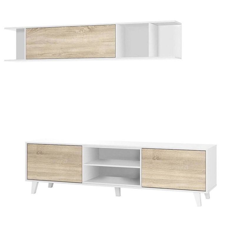 Parete attrezzata 6 ripiani 180cm bianca e rovere - Aslan