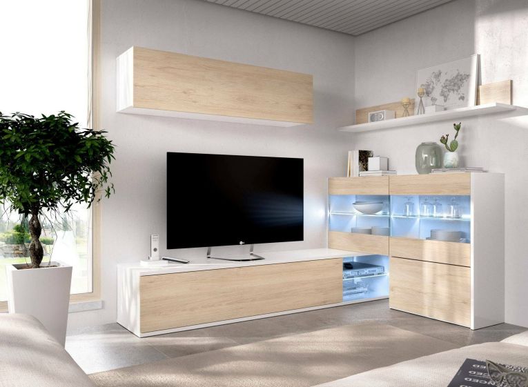 Parete attrezzata Adams, Set da soggiorno modulare ad angolo, Mobile salotto multiposizione con luce LED, 260x41h180 cm, Rovere e Bianco lucido