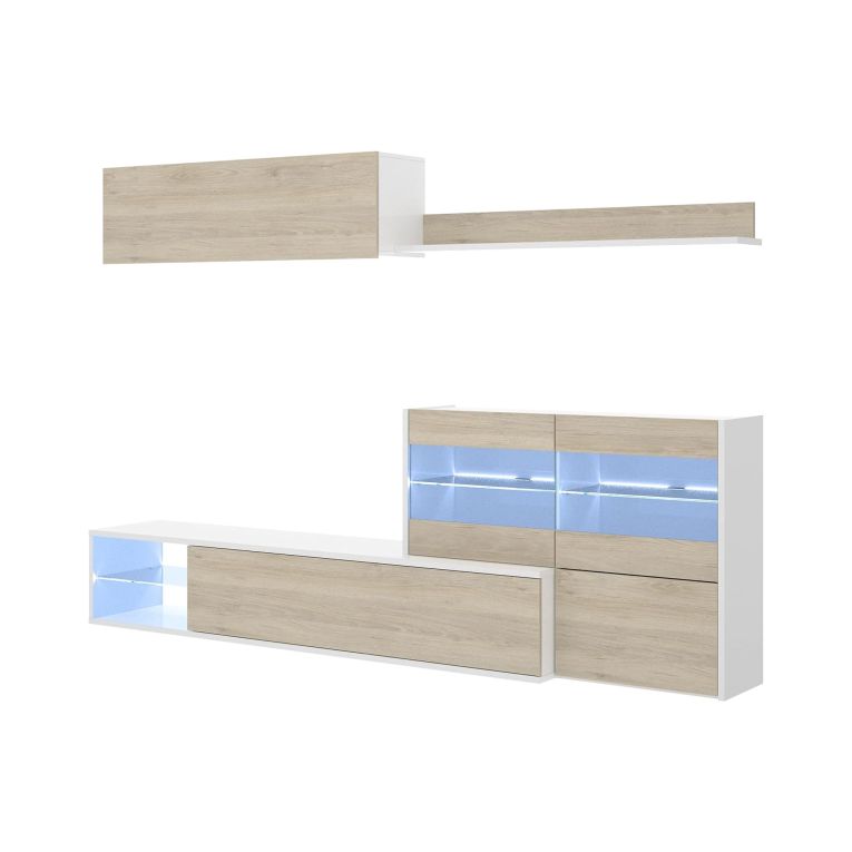 Parete attrezzata Adams, Set da soggiorno modulare ad angolo, Mobile salotto multiposizione con luce LED, 260x41h180 cm, Rovere e Bianco lucido