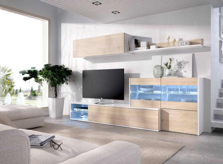 Parete attrezzata Adams, Set da soggiorno modulare ad angolo, Mobile salotto multiposizione con luce LED, 260x41h180 cm, Rovere e Bianco lucido