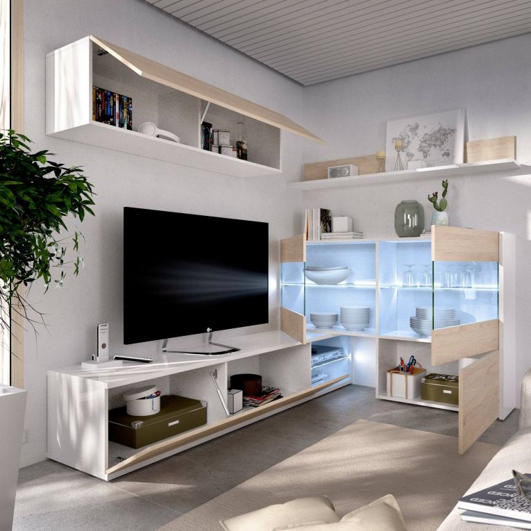 Parete attrezzata Adams, Set da soggiorno modulare ad angolo, Mobile salotto multiposizione con luce LED, 260x41h180 cm, Rovere e Bianco lucido